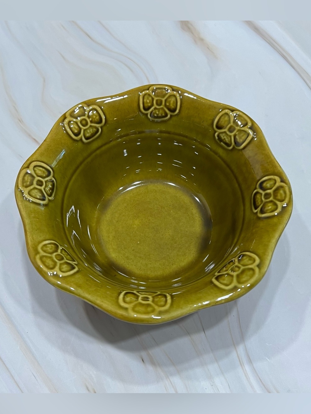 Vintage California Pottery Dip Dish Olive Green Mod Daisy Motif 60s Mid Century